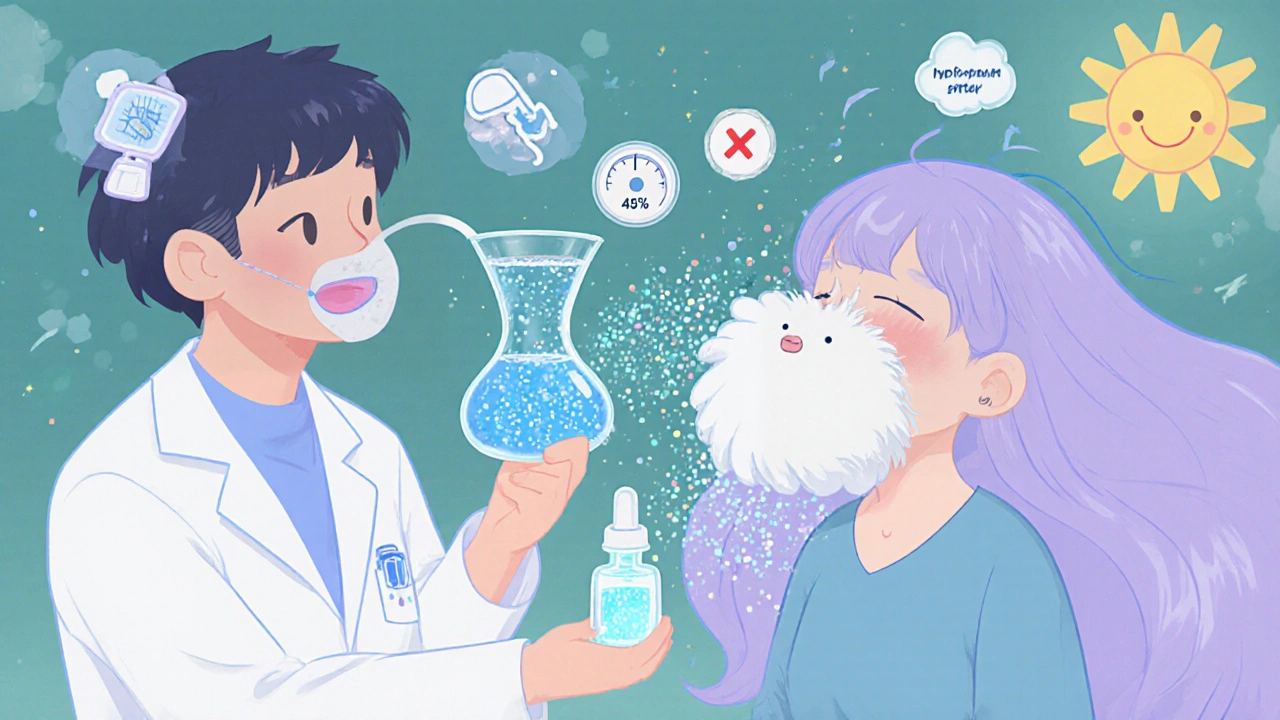 A friendly doctor using a glowing neti pot while sparkling particles float away, with symbols of proper treatments nearby.
