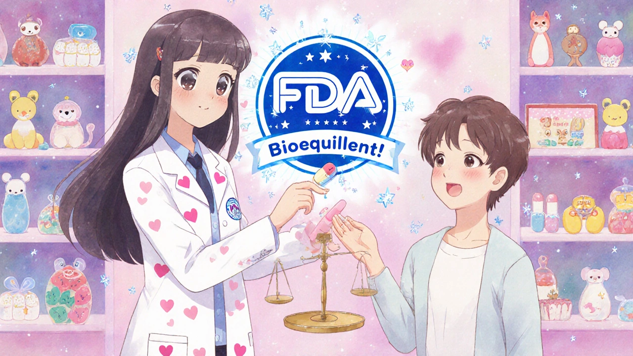 A friendly pharmacist giving a generic pill to a patient, with a glowing FDA seal and colorful pill shelves.