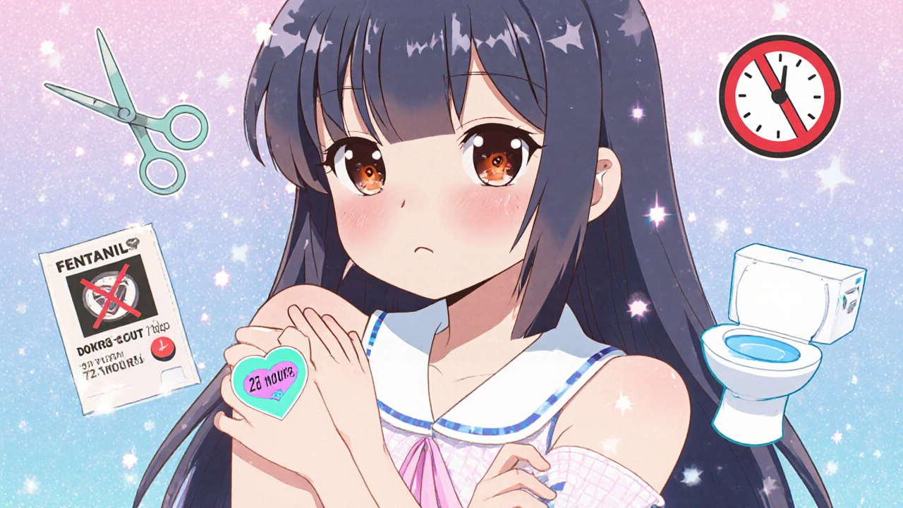 A girl applying a patch with warning symbols floating nearby, in soft kawaii anime style.