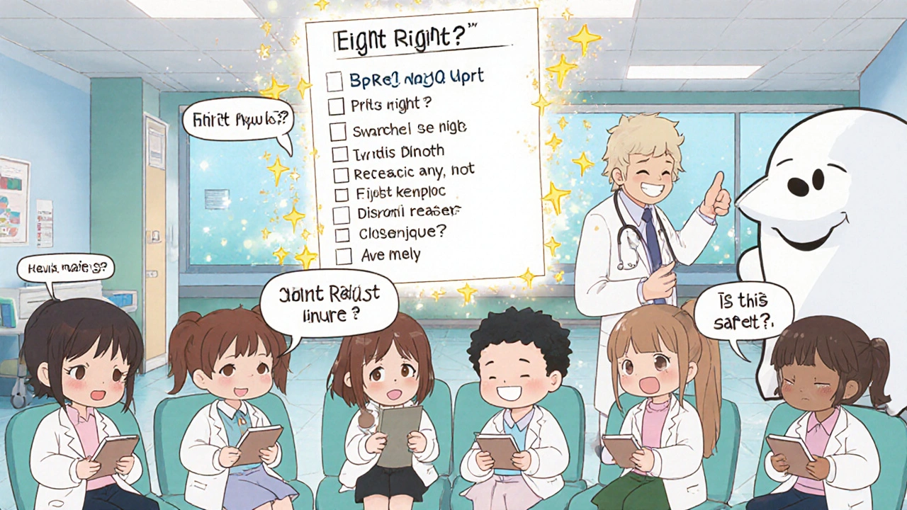 A group of patients asking questions about their meds, with a magical checklist shining above them in kawaii style.
