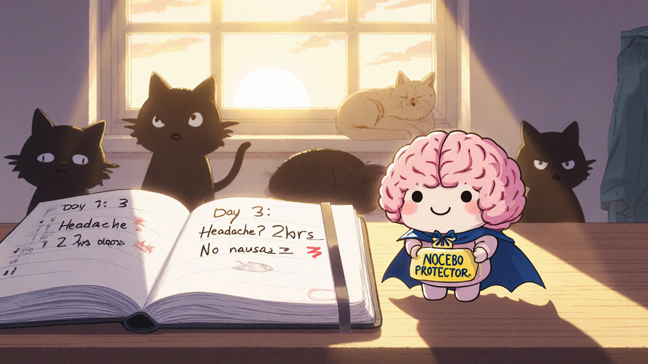 A journal with positive symptom tracking next to a happy brain character defeating fear sprites.