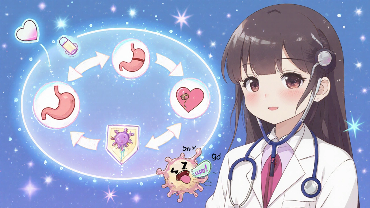 A kawaii doctor explaining the difference between single-system side effects and multi-system allergic reactions with pastel icons.