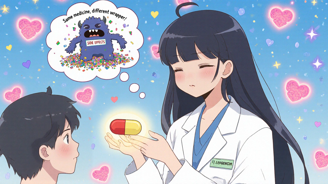 A kind doctor showing two identical pills of different colors, with a fear monster turning into confetti.