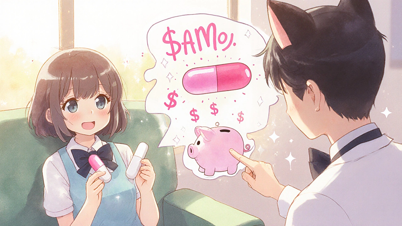 A patient compares a pink brand pill and white generic pill, with a savings piggy bank and floating dollar signs in kawaii anime style.