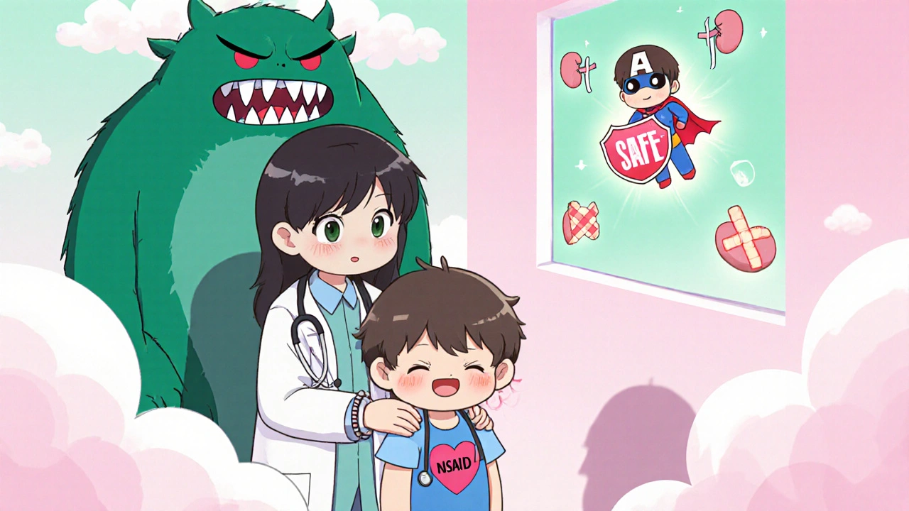 A patient in an ER with a friendly doctor and a scary NSAID monster, safe acetaminophen flying in.