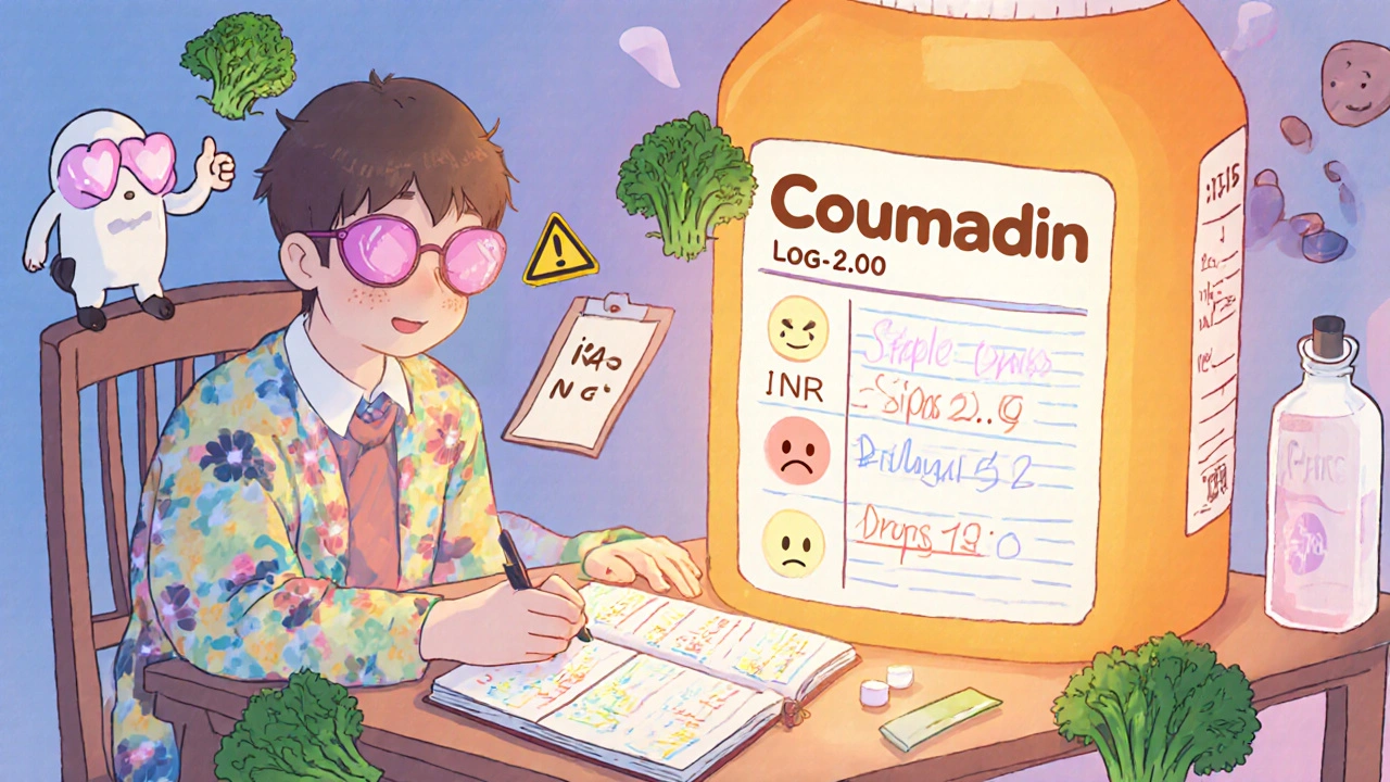 A patient logs INR readings in a colorful book, with warning symbols for dangerous levels and a smiling doctor nearby.