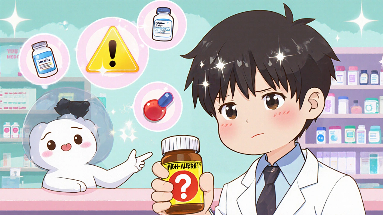 A person in a pharmacy holding a pill bottle with a high-alert warning, shown in kawaii anime style.