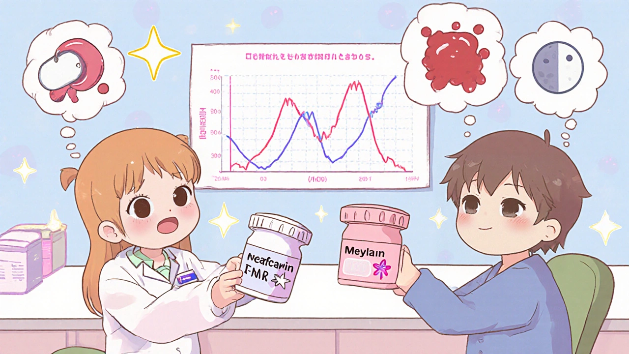A pharmacist hands two different warfarin pills to a patient as an INR graph spikes and dips dramatically behind them.