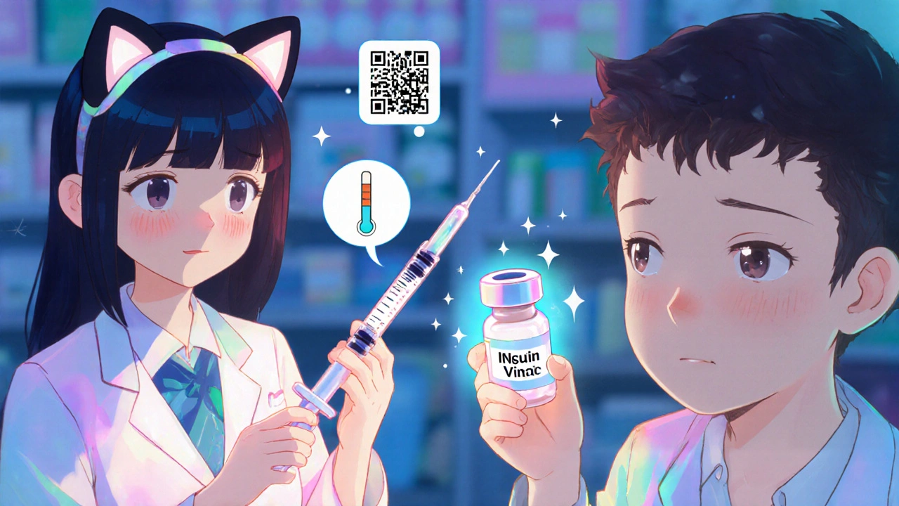 A pharmacist showing correct insulin use with glowing labels and pictograms in adorable anime style.