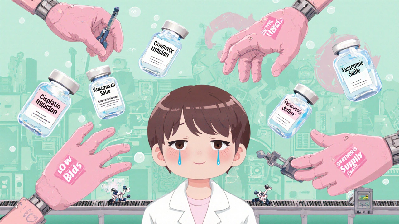 A pharmacist watches sterile vials being pulled away by giant hands labeled 'Low Bids' and 'Overseas Supply Chain'.