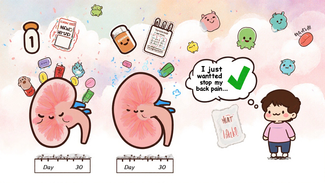A shrinking kidney on a calendar under NSAID rain, with Tylenol and heat pack as heroes.