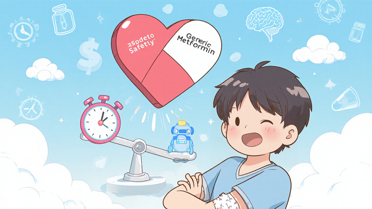 A smiling patient receives a heart-shaped generic pill as AI and safety symbols balance in the sky.