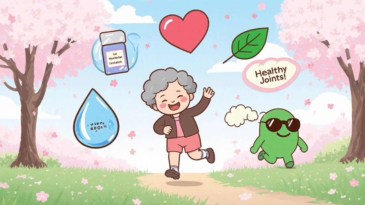 An elderly woman jogs happily in the park, surrounded by symbols of health as a gout monster fades away.