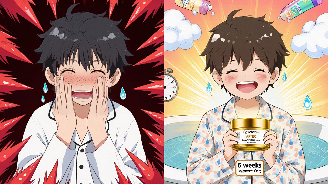 Before-and-after split: sad cracked skin transforms into glowing smooth skin with ceramide jar.