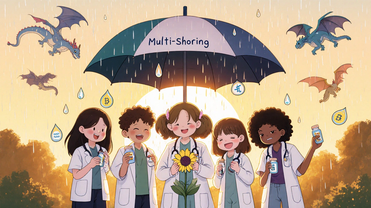 Children protect a flower labeled &#039;Insulin&#039; from storm labels under an umbrella marked &#039;Multi-Shoring&#039;.