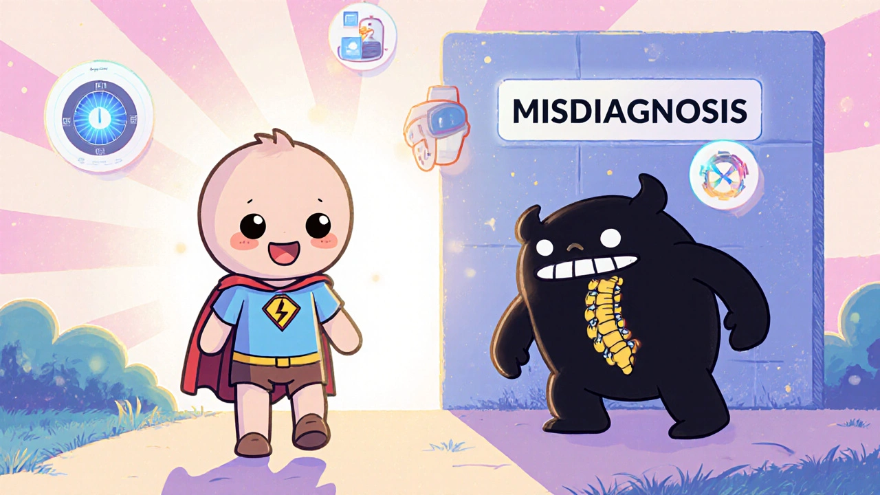 Cute spine superhero stands beside a happy patient while a dark stenosis monster hides behind a wall.