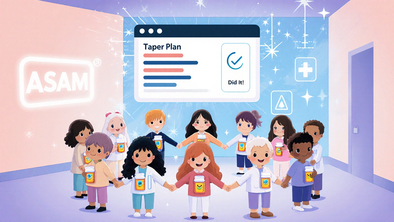 Diverse group of people celebrating a successful taper with a glowing digital plan above them.