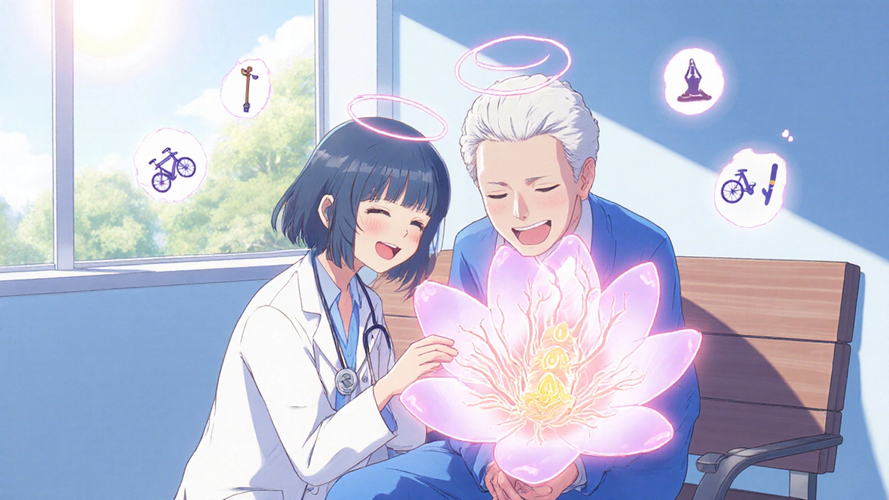 Doctor and patient smiling together as a glowing spinal canal opens like a flower in a clinic.