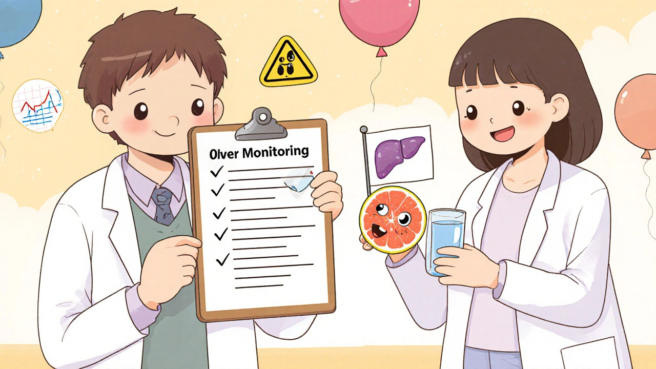 Doctor and patient with grapefruit and gene icon showing liver monitoring