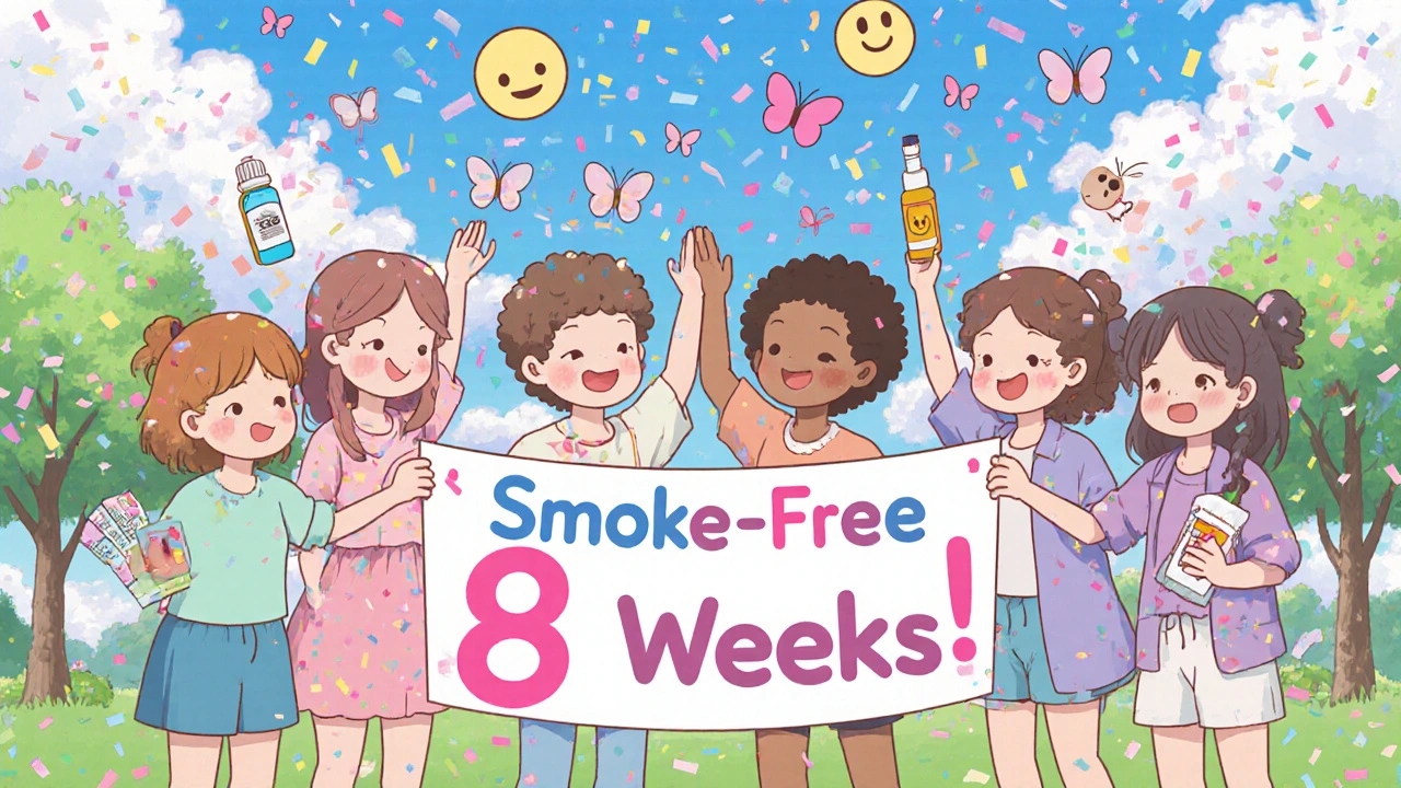 Friends celebrating smoke-free success with bupropion and butterflies in a sunny park.