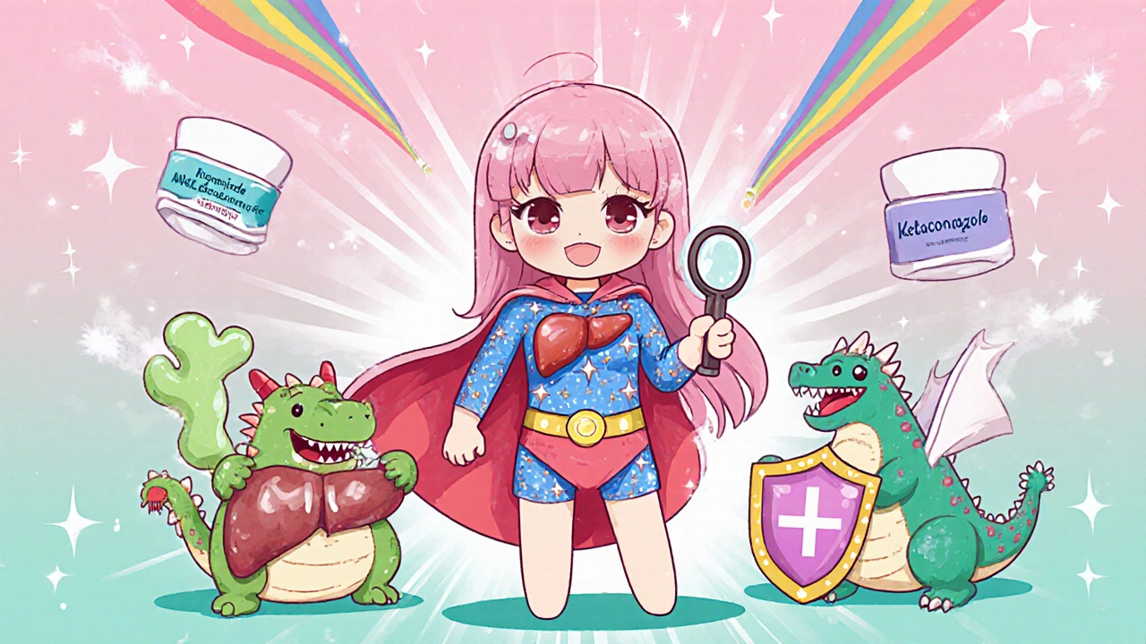 Superheroine Liver Lady defeating antifungal monsters with topical cream hero