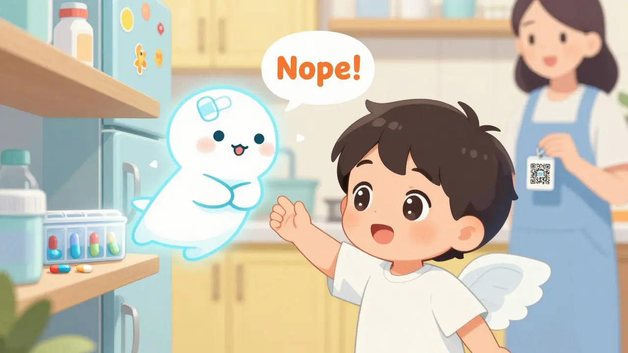 A child reaches for a pill organizer but is gently stopped by a friendly pill guardian angel.