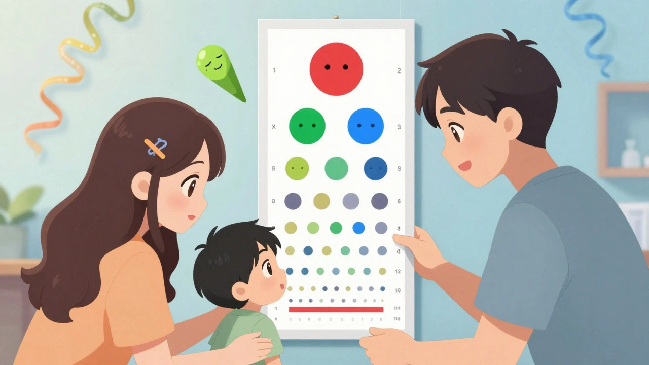 A child takes a color test with cartoon cone cells floating above, guided by parents with X-chromosome hair clips.