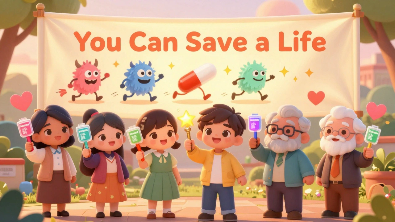 A diverse group holds naloxone kits like wands, chasing away cartoon fentanyl monsters with sparkles under a hopeful banner.