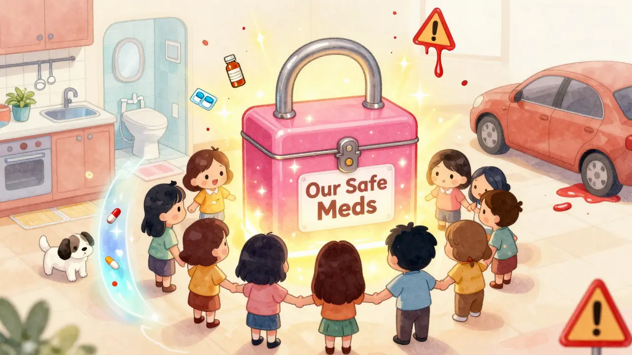 A family gathered around a magical locked medicine box, with warnings dissolving into sparkles, kawaii anime style.