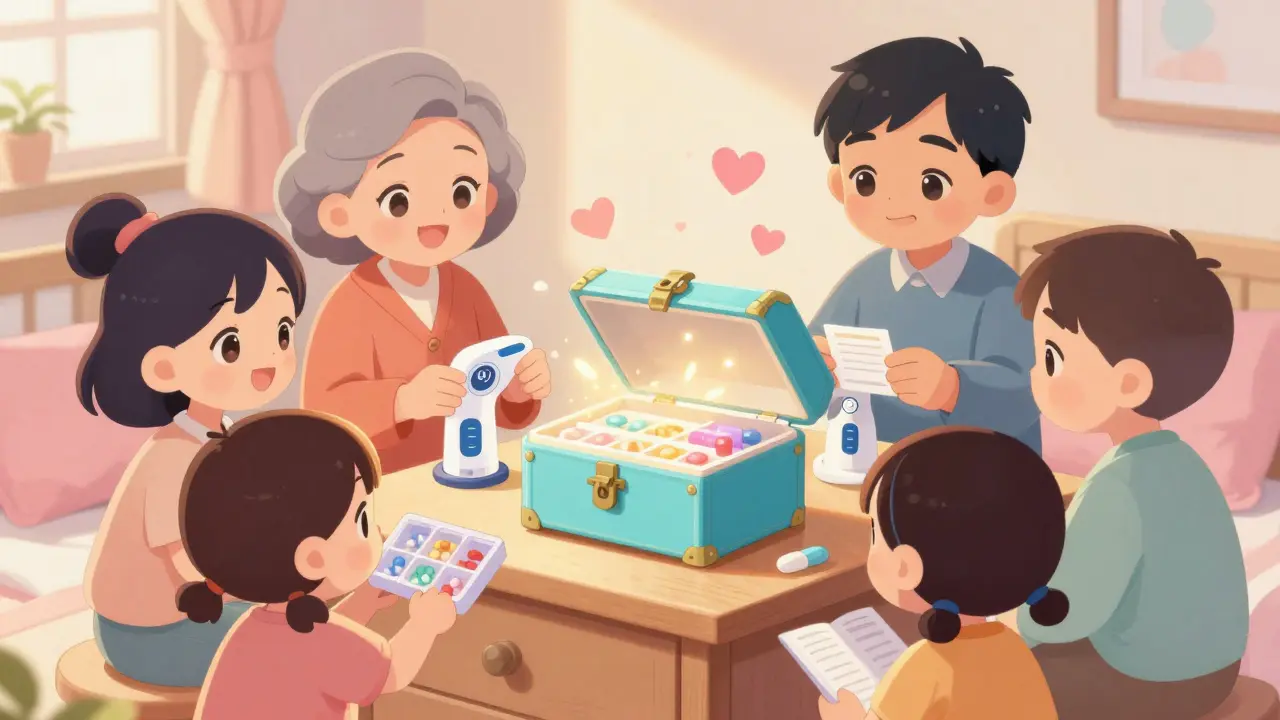 A family safely storing medications in a glowing locked box on a bedroom dresser, warm and cozy scene.
