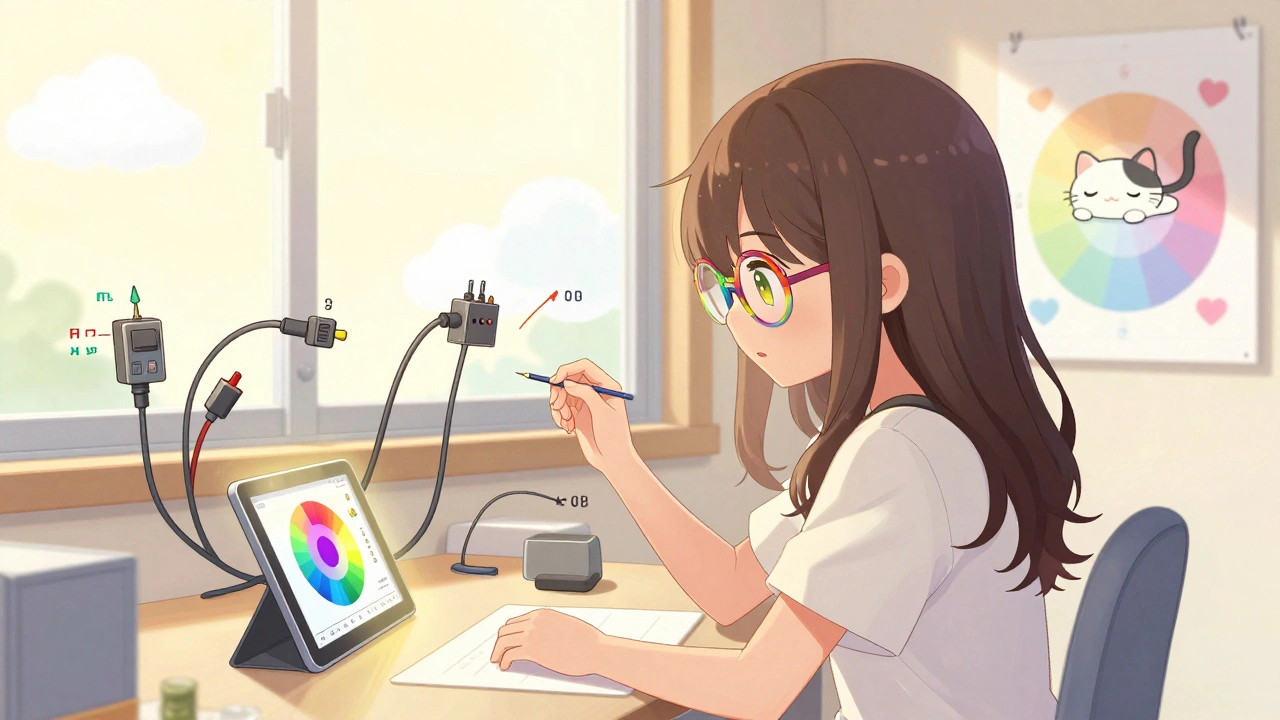 A girl labels electrical wires with numbers and symbols, using a color-blindness simulator app on a tablet.