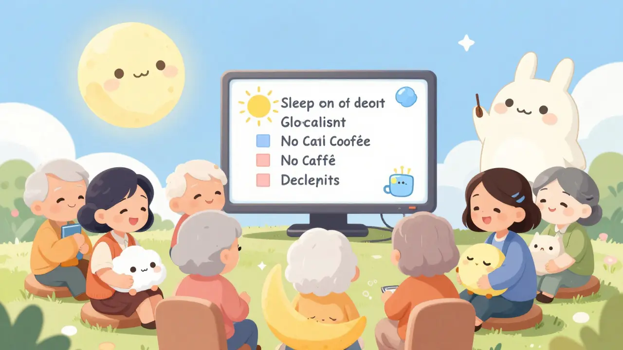 A group of seniors in a virtual sleep session, smiling with sleep hygiene icons and a safe melatonin moon above.