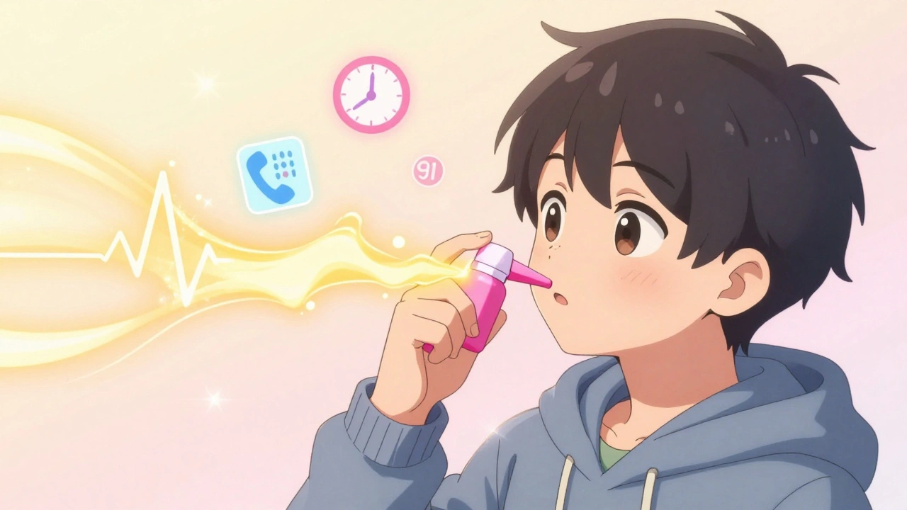 A hero administers Narcan as golden breath flows upward, with floating icons of heartbeat and 911, all in soft pastel anime style.