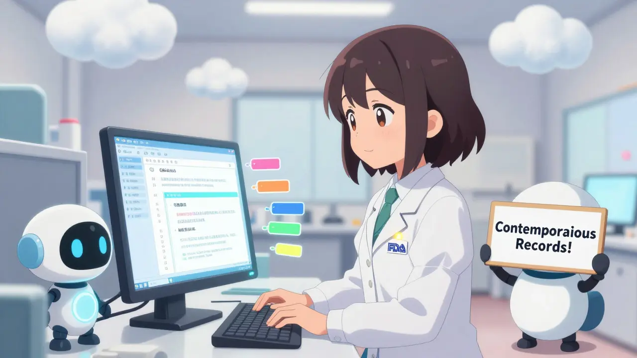 A kawaii quality specialist works at a glowing digital system with floating audit trails and a robot helper in a cleanroom.