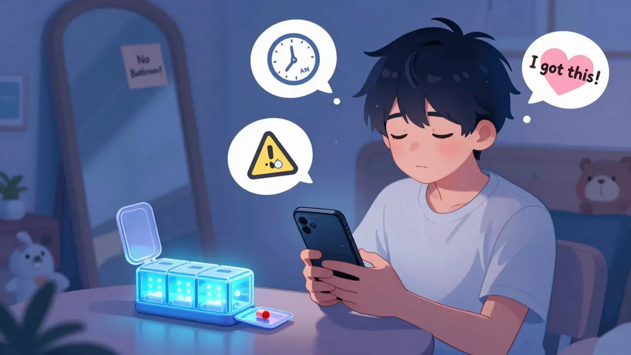 A man sets phone alarms next to a glowing smart pill organizer in his bedroom.