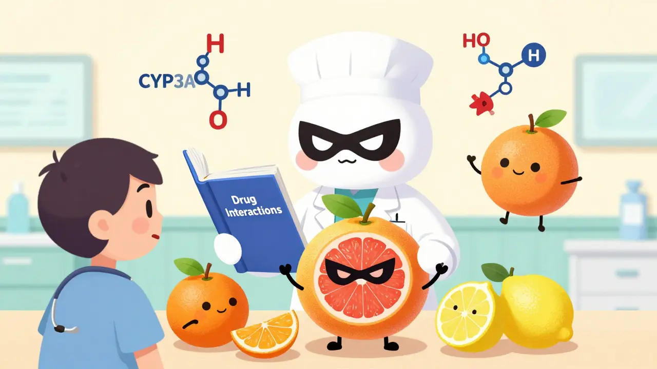A pharmacist explaining drug interactions with a cartoon grapefruit villain and safe citrus fruits in cute anime style.