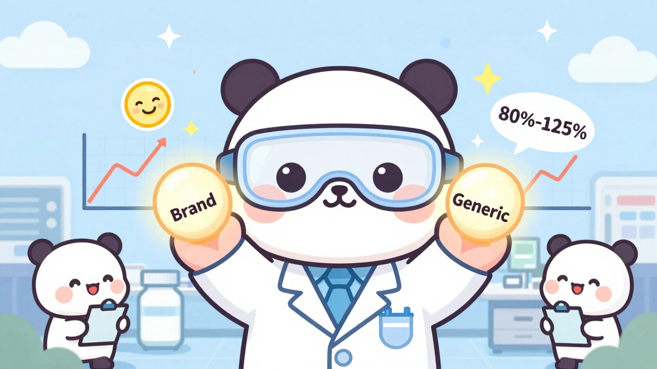 A scientist shows two identical glowing pills with floating bioequivalence graphs in a pastel lab.