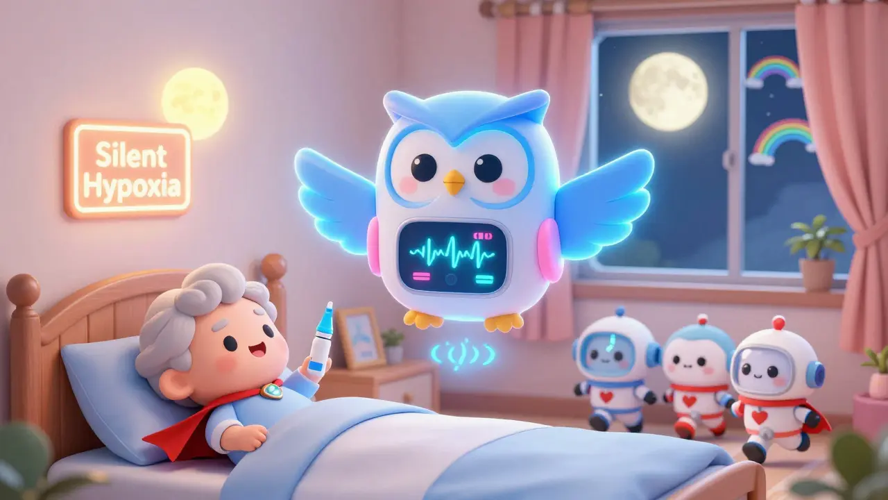 A smiling owl-shaped monitor detects breathing issues as a naloxone spray flies in, with cartoon paramedics rushing to help.