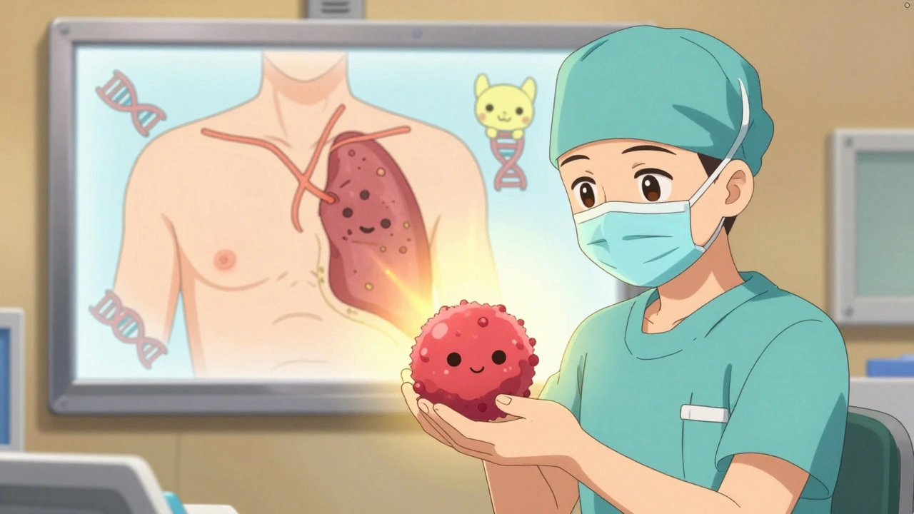 A surgeon holding a cute, reduced tumor while a small surgical incision replaces a large one, with floating DNA animals.