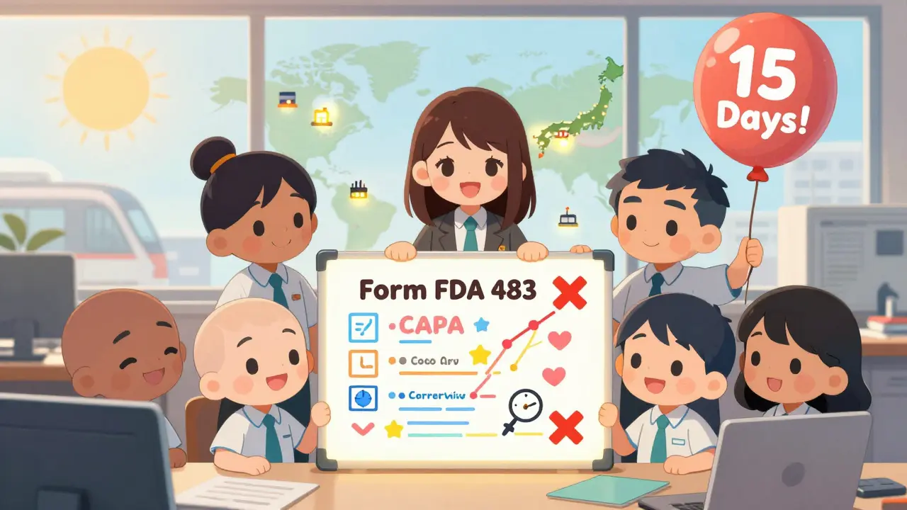 A team smiles while creating a colorful corrective plan around a Form 483, with hearts and clock icons floating nearby.