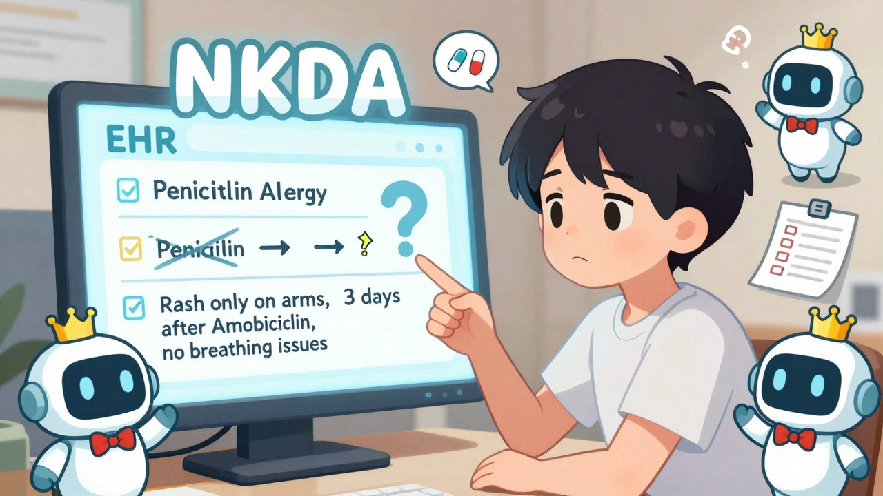 A teenager correcting a vague allergy entry on a glowing EHR screen with sparkly eraser