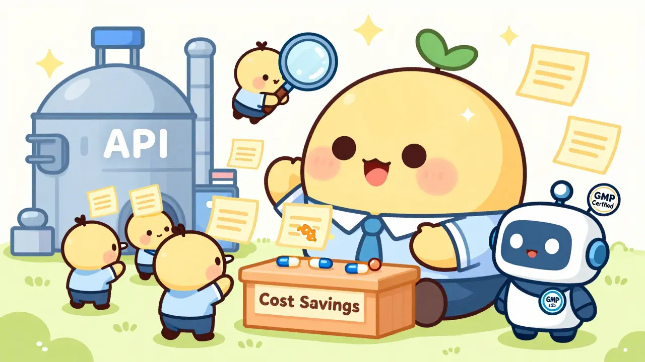 A tiny FDA inspector observing a messy cartoon API factory where workers hide failing pills, all in kawaii anime style with sparkles.