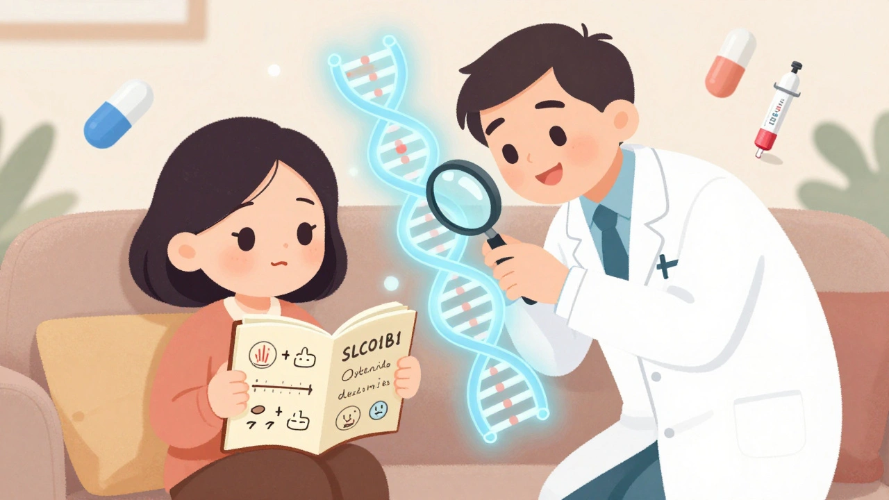 A woman reviewing a symptom journal with her doctor as DNA and alternative meds float around them in kawaii style.