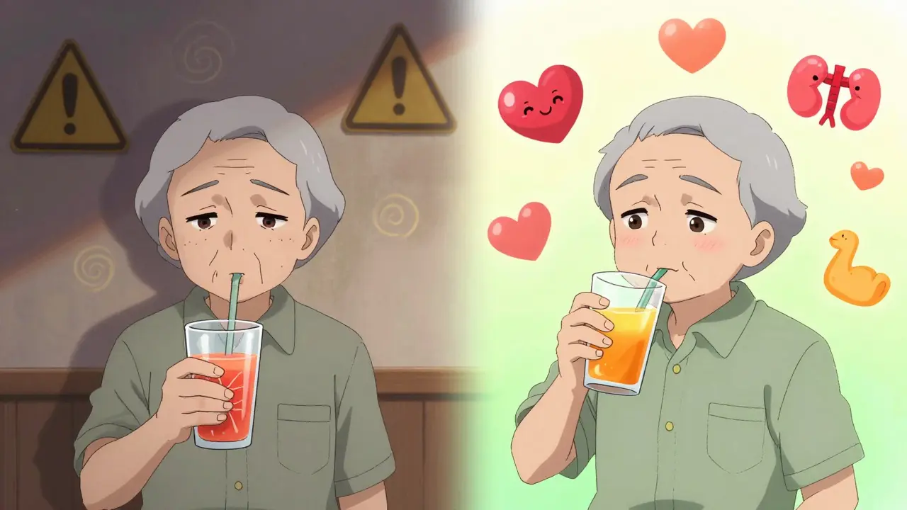 An elderly person switching from dangerous grapefruit juice to safe orange juice, with health icons in kawaii anime style.