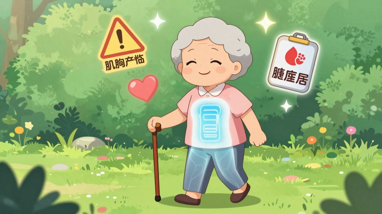 An elderly woman walking in a garden with fading warning symbols, symbolizing safe statin use in kawaii anime style.