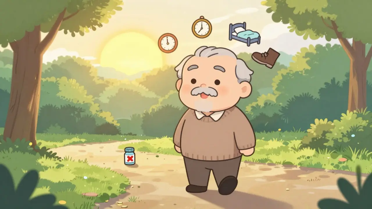 An older man walking at sunrise with healthy sleep icons, a discarded pill bottle behind him.