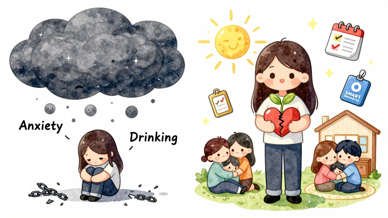 Before-and-after scene: dark loneliness transforms into bright hope with a growing plant, supportive friends, and a smiling face.