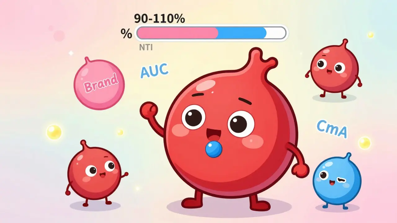 Cartoon blood vessels absorb identical brand and generic pills with absorption percentages shown as friendly icons.