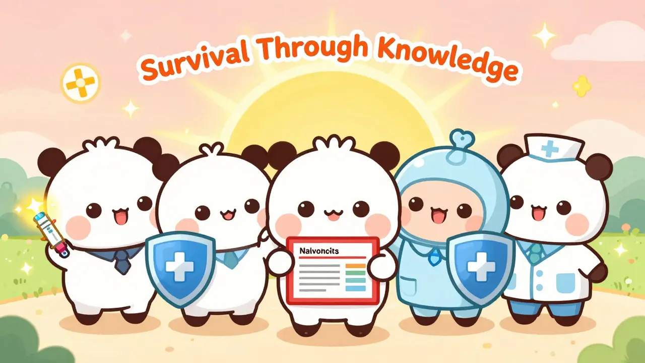 Cartoon characters holding medication guides and naloxone, standing before a sunrise labeled 'Survival Through Knowledge'.