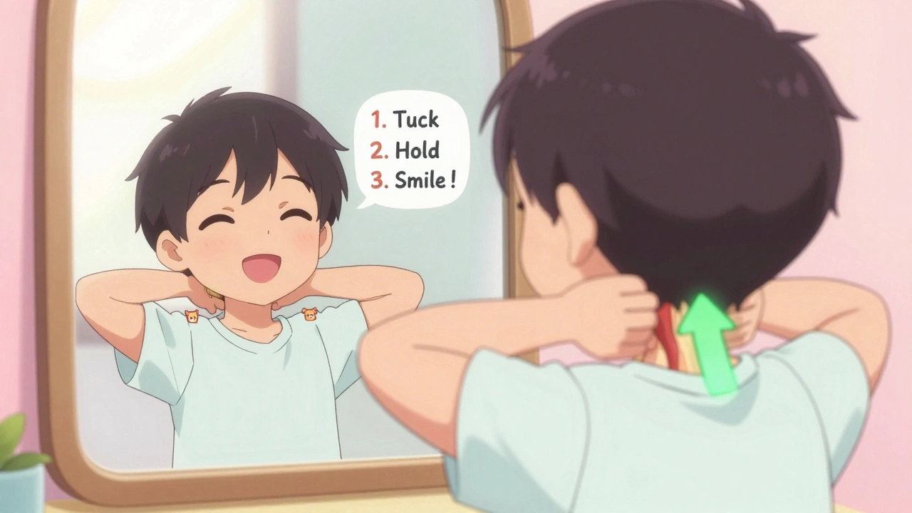 Character doing chin tuck exercise with glowing arrows and smiling muscles, kawaii anime style